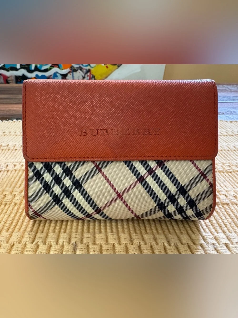 Burberry Nova Check Canvas Orange Leather Trifold Wallet